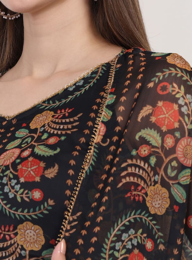 W Draped Skirt Set with Printed Jacket