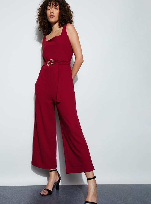 CODE Solid Wide-Leg Jumpsuit with Belt