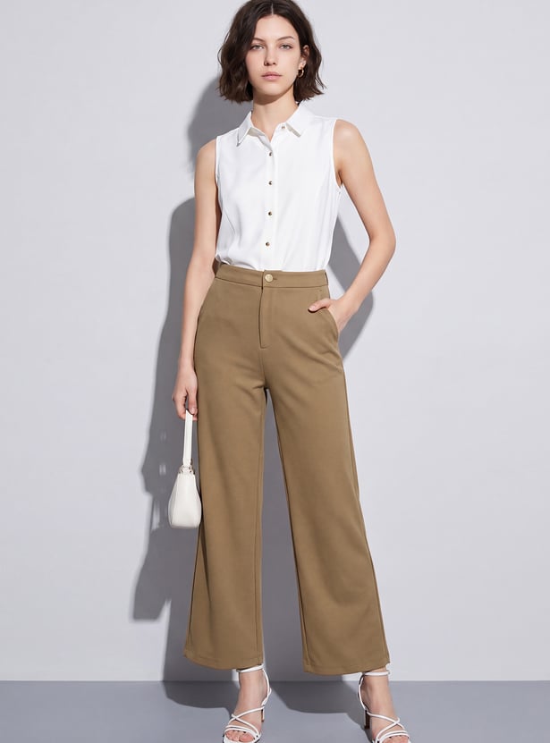 CODE Solid Wide-Leg Trousers