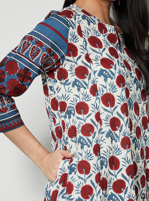 MELANGE Floral Print Notched Neck 3/4th Sleeves Flared Kurta