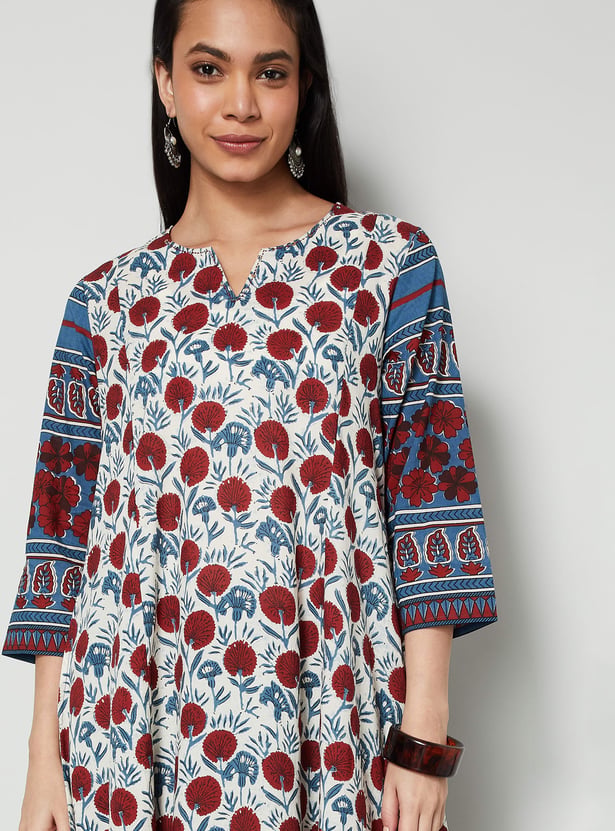 MELANGE Floral Print Notched Neck 3/4th Sleeves Flared Kurta