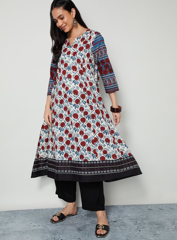 MELANGE Floral Print Notched Neck 3/4th Sleeves Flared Kurta