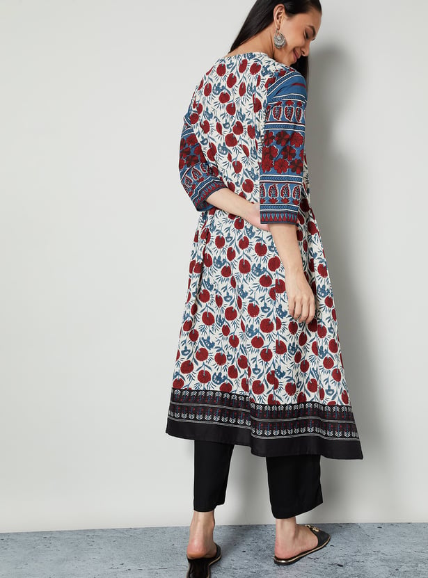 MELANGE Floral Print Notched Neck 3/4th Sleeves Flared Kurta