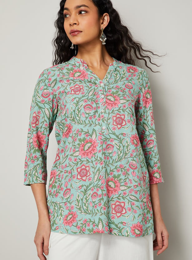 MELANGE Floral Print Band Collar 3/4th Sleeves Straight Kurti