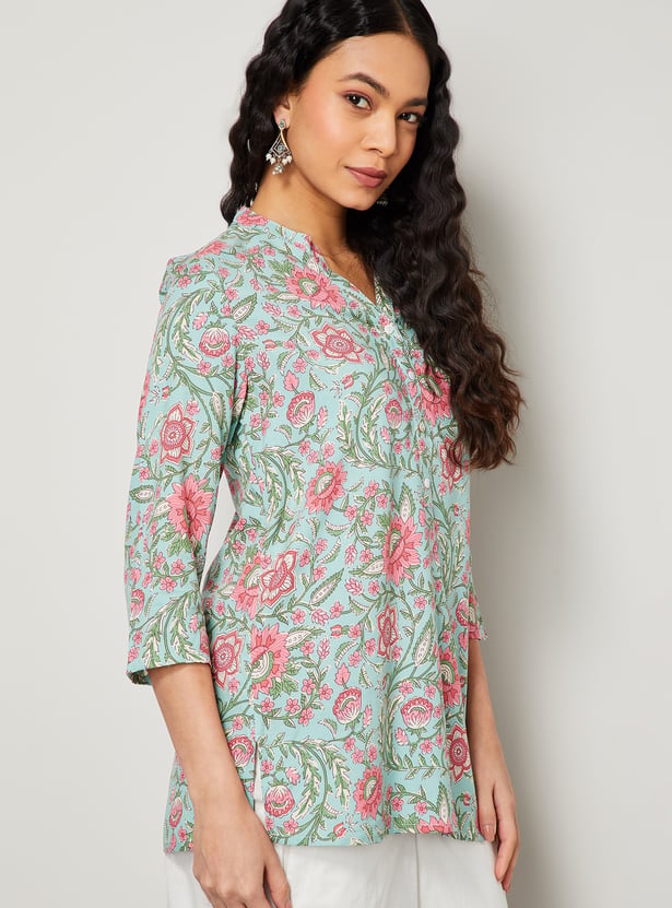 MELANGE Floral Print Band Collar 3/4th Sleeves Straight Kurti