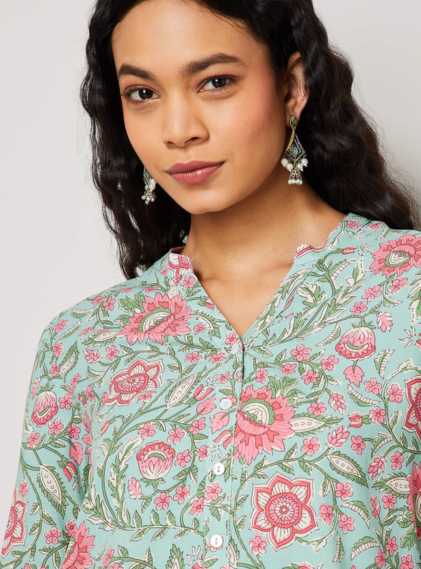 MELANGE Floral Print Band Collar 3/4th Sleeves Straight Kurti