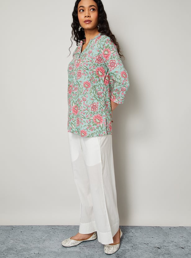 MELANGE Floral Print Band Collar 3/4th Sleeves Straight Kurti