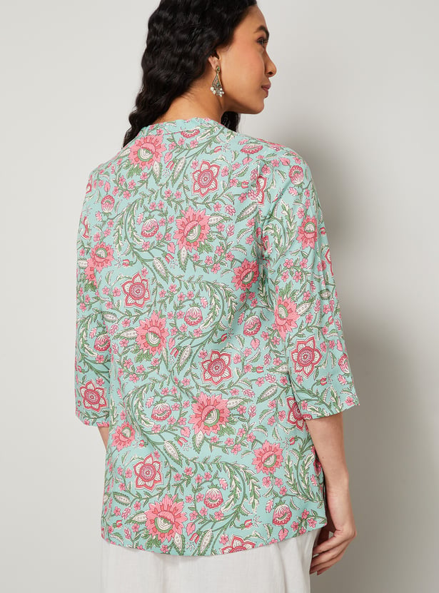 MELANGE Floral Print Band Collar 3/4th Sleeves Straight Kurti