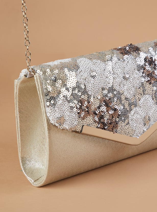 CODE Sequinned Envelope Clutch with Chain Strap