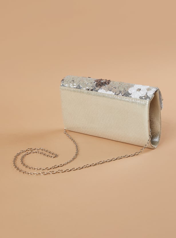 CODE Sequinned Envelope Clutch with Chain Strap