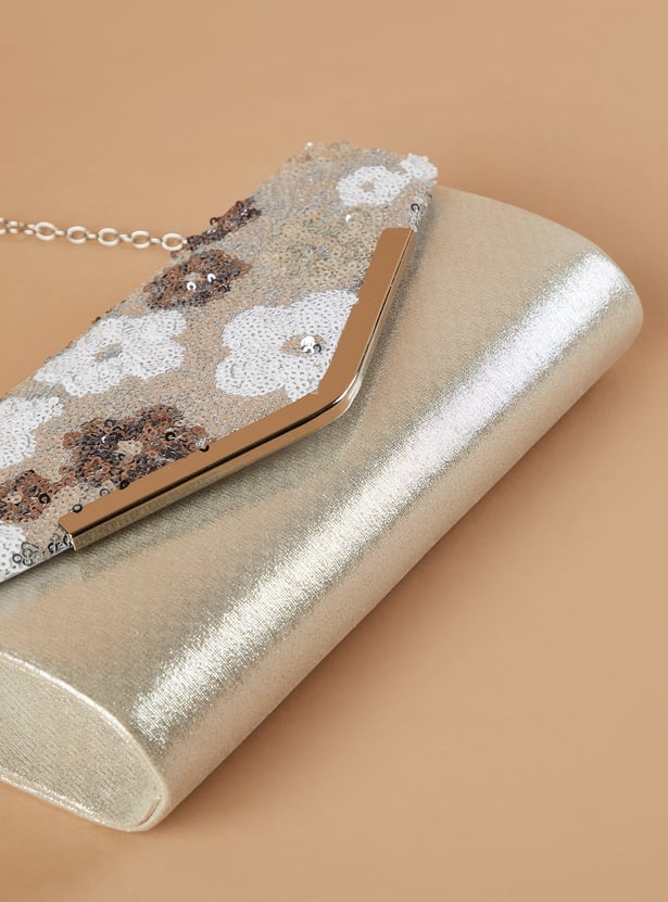 CODE Sequinned Envelope Clutch with Chain Strap