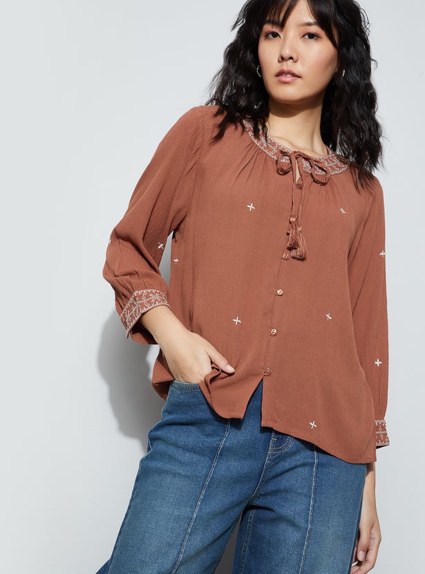 FAME FOREVER Embroidered Tie-Up Neck Top