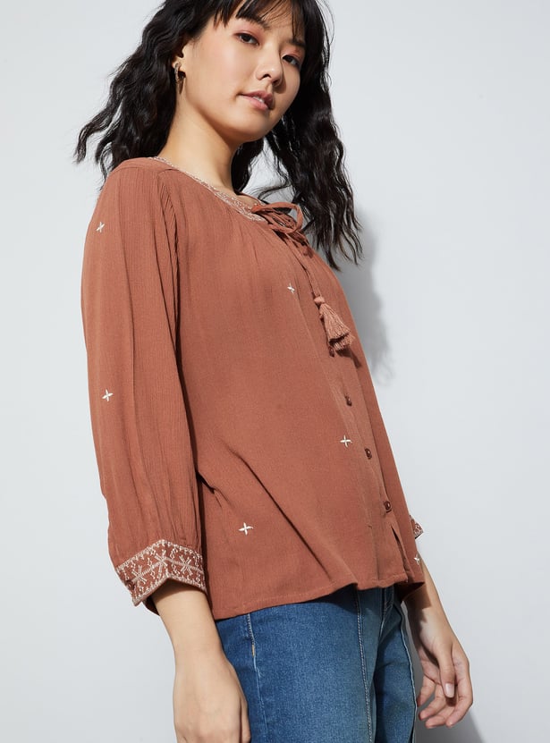 FAME FOREVER Embroidered Tie-Up Neck Top