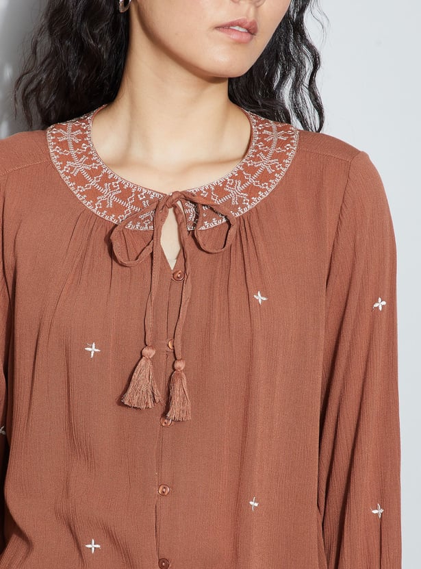 FAME FOREVER Embroidered Tie-Up Neck Top
