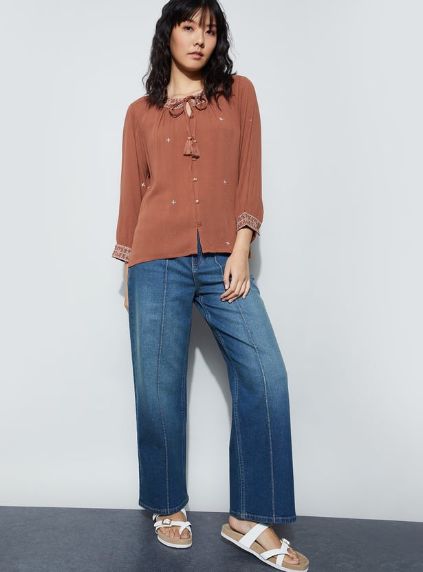 FAME FOREVER Embroidered Tie-Up Neck Top
