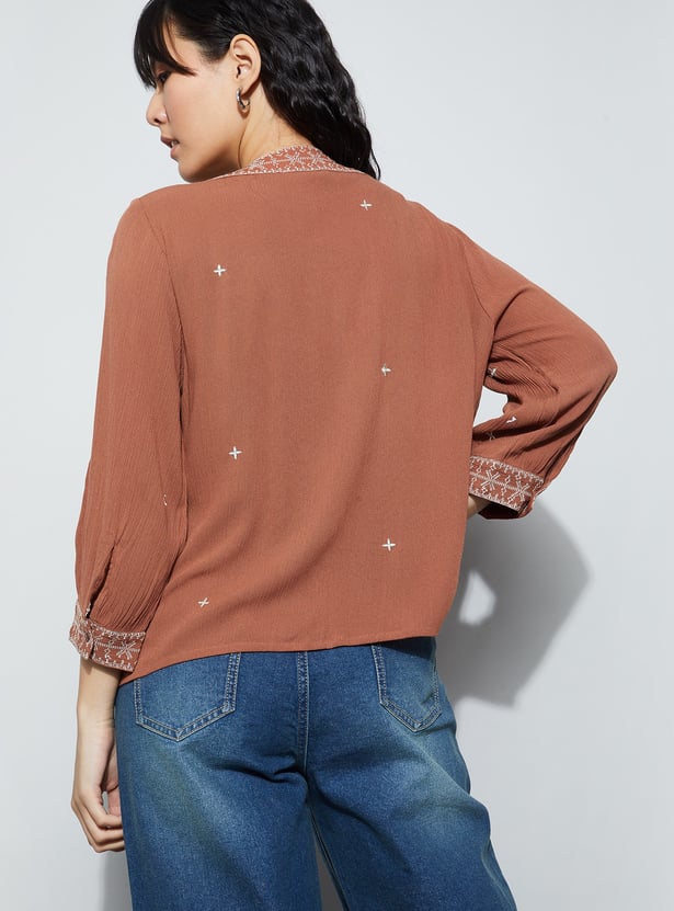 FAME FOREVER Embroidered Tie-Up Neck Top
