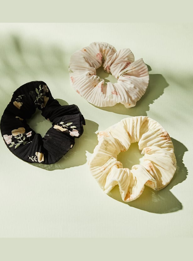 FAME FOREVER Floral Print Pleated Scrunchies - Pack of 3