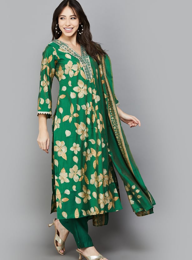 LIBAS Floral Print A-line Kurta Set