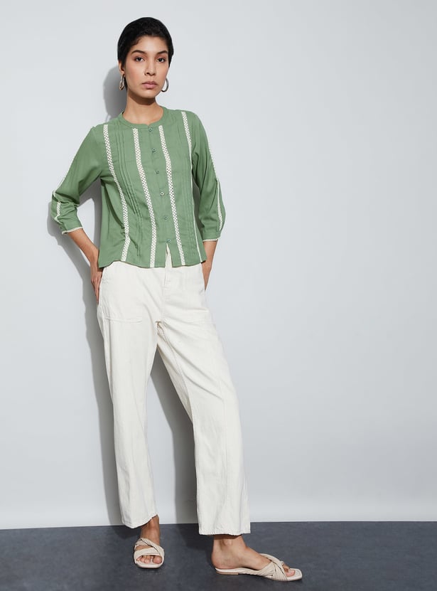 FAME FOREVER Lace Insert Button Front Top