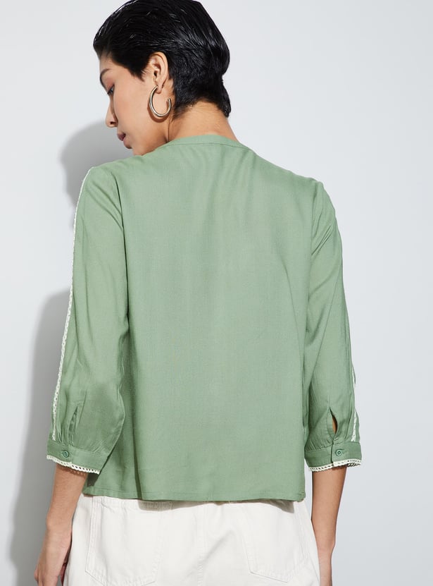 FAME FOREVER Lace Insert Button Front Top