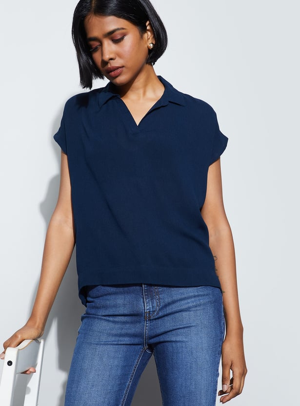 FAME FOREVER Solid Open Collar Casual Top