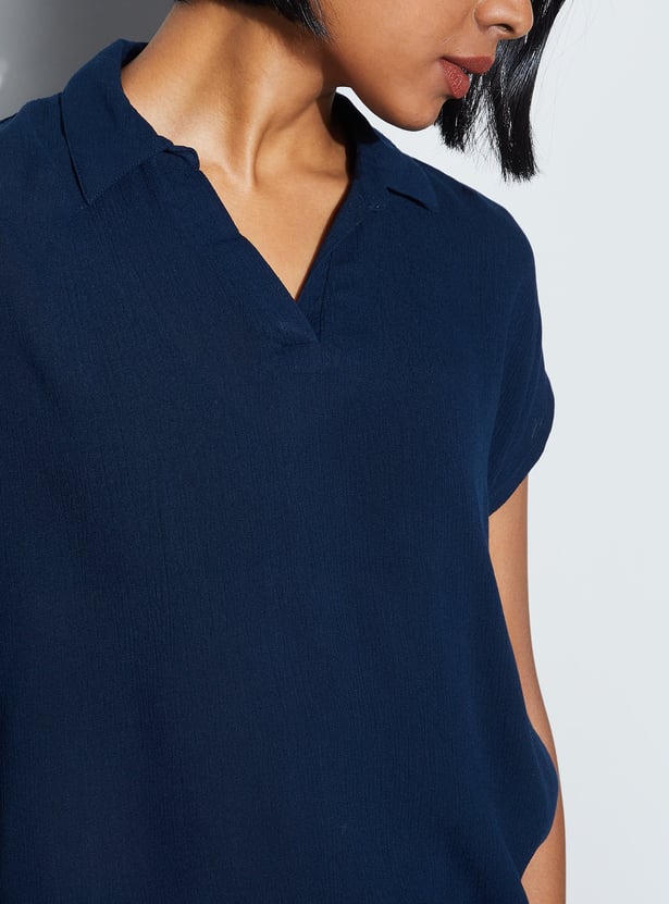 FAME FOREVER Solid Open Collar Casual Top
