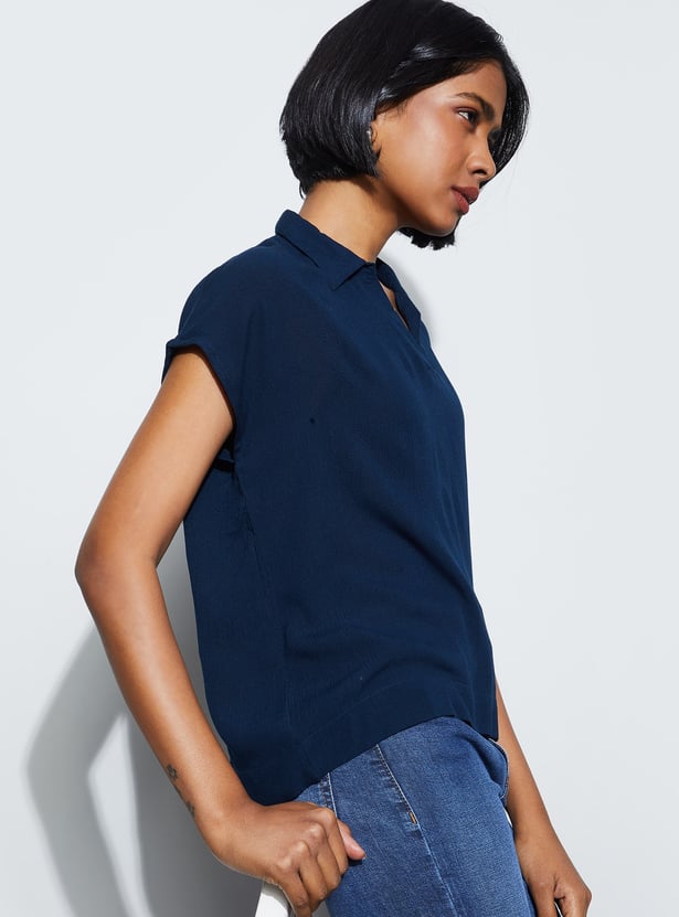 FAME FOREVER Solid Open Collar Casual Top