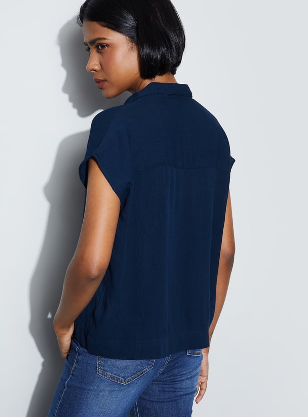 FAME FOREVER Solid Open Collar Casual Top