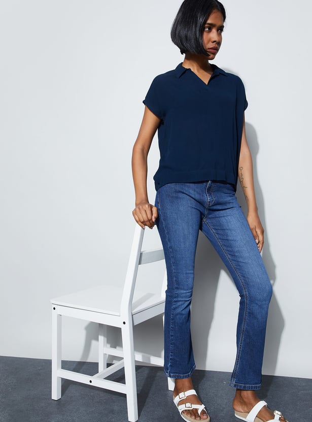 FAME FOREVER Solid Open Collar Casual Top