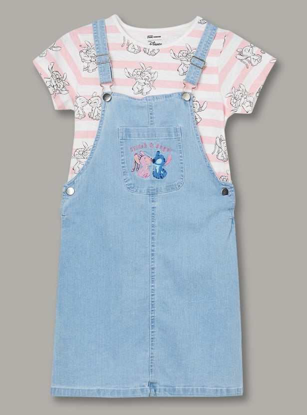 FAME FOREVER Girls Embroidered Dungaree with T-Shirt