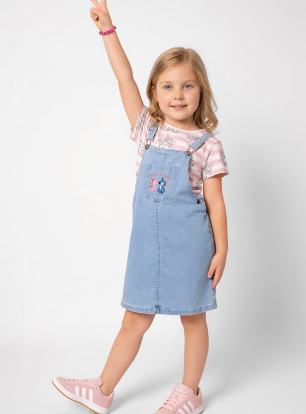 FAME FOREVER Girls Embroidered Dungaree with T-Shirt