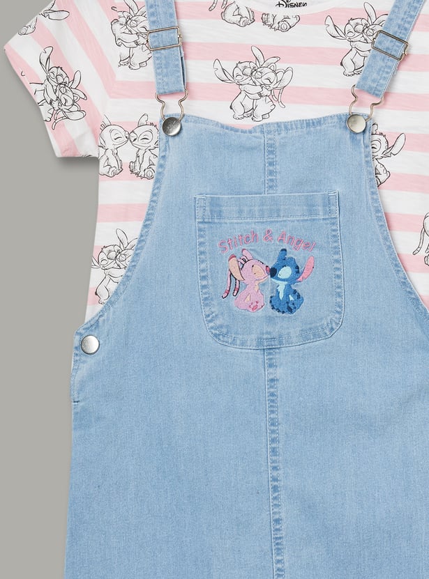 FAME FOREVER Girls Embroidered Dungaree with T-Shirt