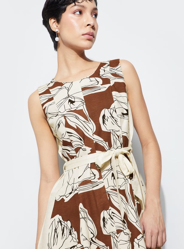CODE Floral Print Belted A-Line Dress