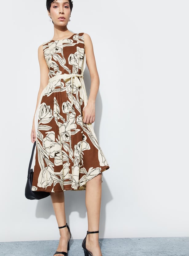 CODE Floral Print Belted A-Line Dress
