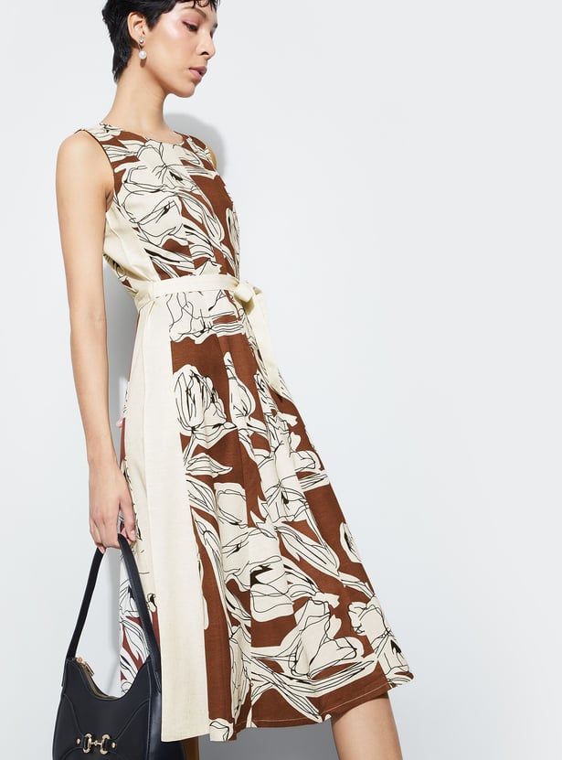 CODE Floral Print Belted A-Line Dress