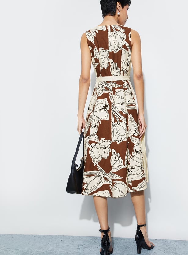 CODE Floral Print Belted A-Line Dress