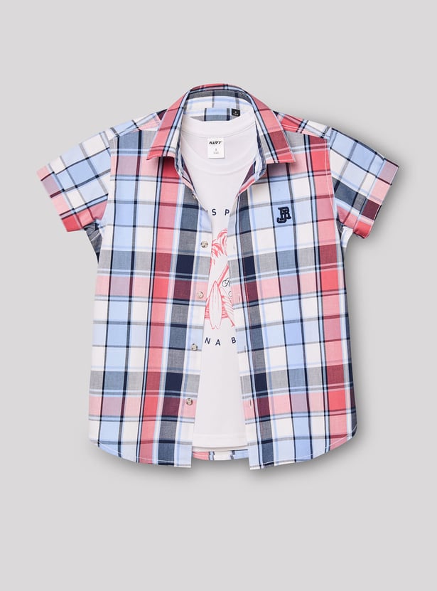 RUFF KIDS Boys Checked Shirt with Vest T-shirt