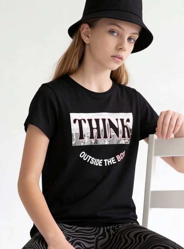 FAME FOREVER Girls Typographic Print T-shirt