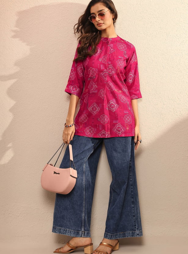 LIBAS Straight Ethnic Motif Band Collar Kurti