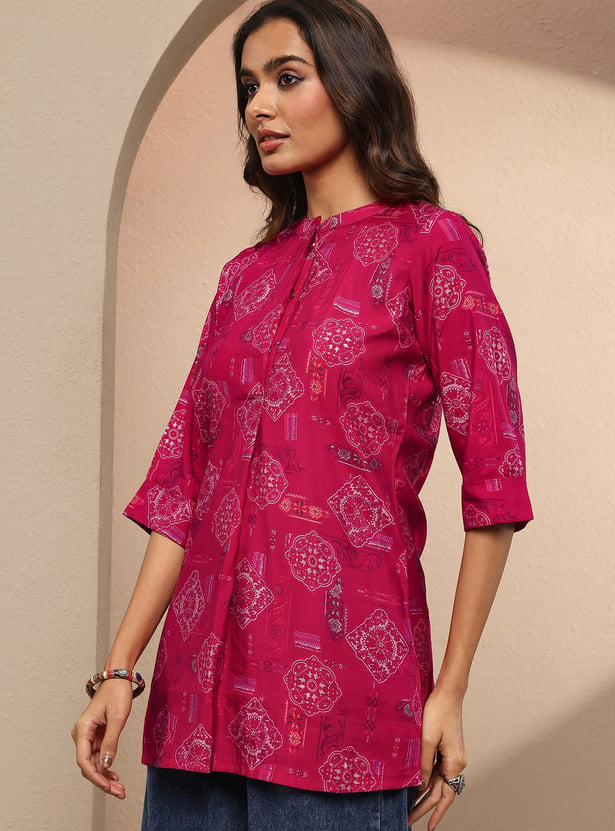 LIBAS Straight Ethnic Motif Band Collar Kurti