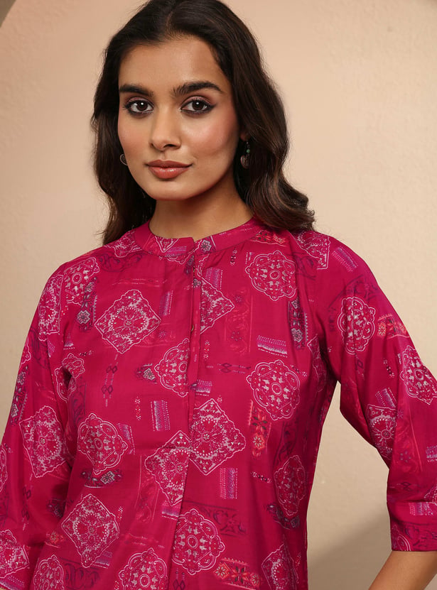 LIBAS Straight Ethnic Motif Band Collar Kurti
