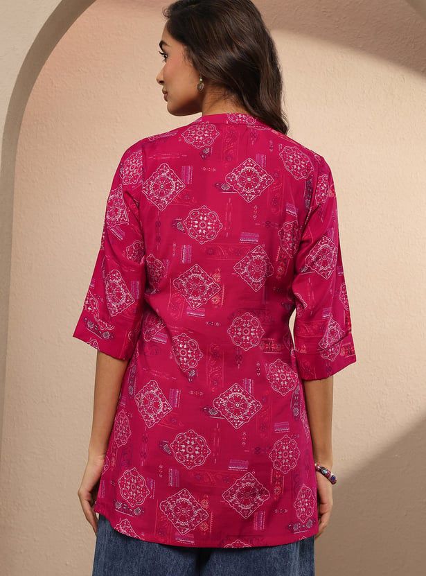 LIBAS Straight Ethnic Motif Band Collar Kurti