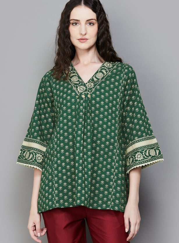 LIBAS Floral Print V-Neck 3/4th Sleeves A-line Kurti