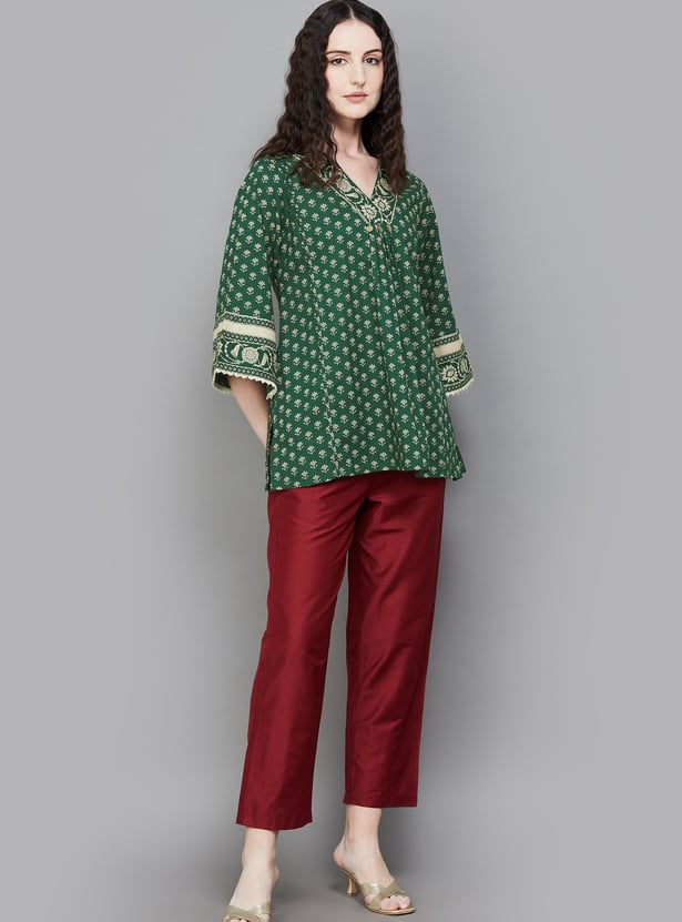 LIBAS Floral Print V-Neck 3/4th Sleeves A-line Kurti