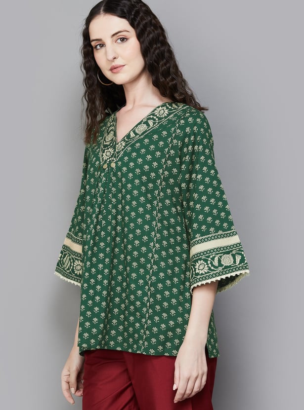 LIBAS Floral Print V-Neck 3/4th Sleeves A-line Kurti