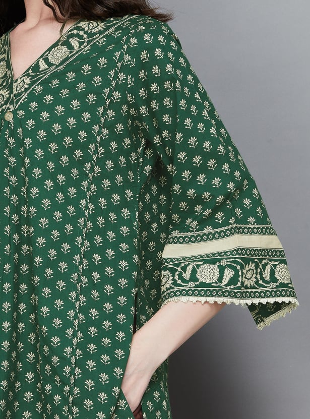 LIBAS Floral Print V-Neck 3/4th Sleeves A-line Kurti