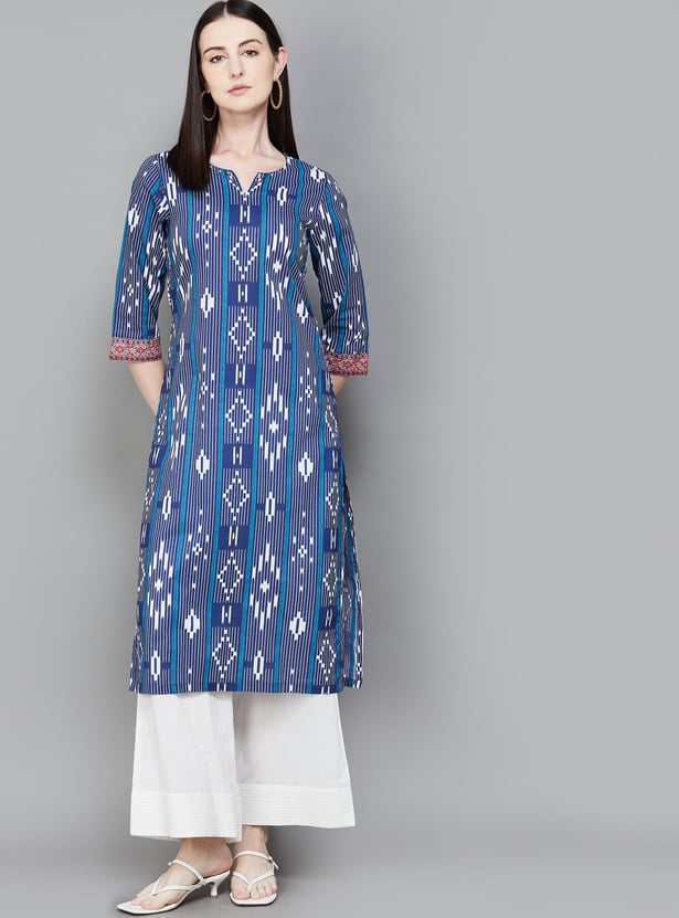 BIBA Ethnic Motif Notched Neck 3/4th Sleeves Straight Kurta