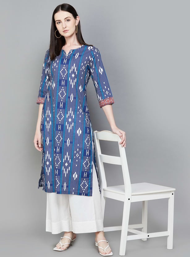BIBA Ethnic Motif Notched Neck 3/4th Sleeves Straight Kurta
