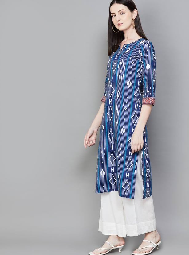 BIBA Ethnic Motif Notched Neck 3/4th Sleeves Straight Kurta