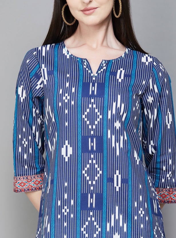 BIBA Ethnic Motif Notched Neck 3/4th Sleeves Straight Kurta